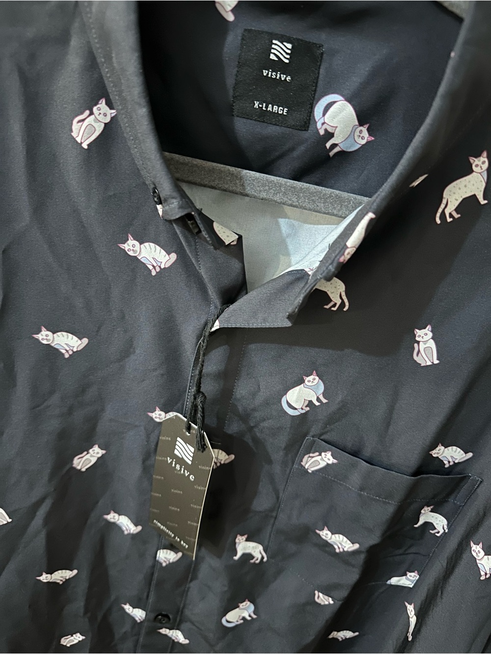 Visive black short sleeve button down shirt with cat print XL NWT